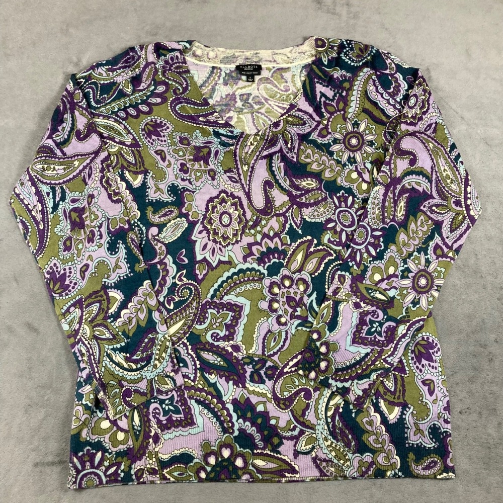 Talbots Pure Italian Merino Wool Paisley V-Neck Sweater Purple Green Large